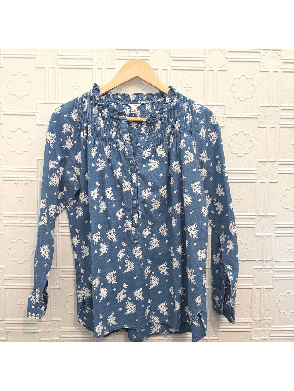 J.Crew Floral Indigo Cotton Pintuck Ruffle Blouse Top Size 4 Cottagecore